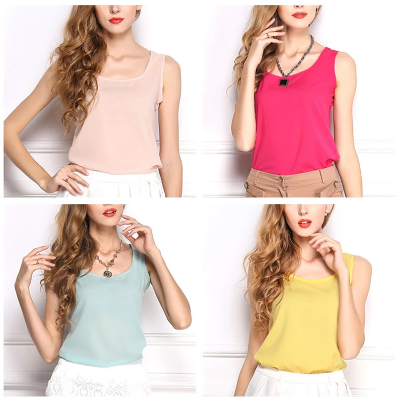 

Soft Hot Sale Sleeveless Solid 11Colors Chiffon Loose High Quality Shirts Candy Color 6Sizes 2019 Comfortable 1PC Unique
