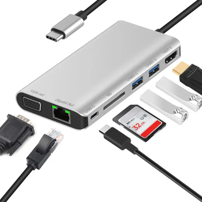 

Car 7 in 1 Hub HUB Type C to HDMI VGA RJ45 Ethernet SD Card PD Power Supply Usb 2.0 3.0 For PC Smart TV Laptop Auto Adapter