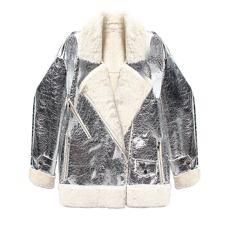 

Warm Thicker Silver Outerwear Women Autumn Winter Faux Fur Large Lapel Short Jacket Female Harajuku Korean Fake Fur Coat C30