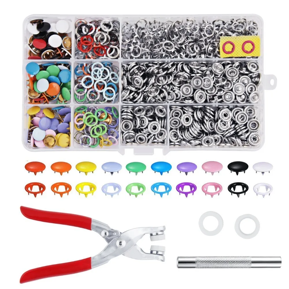 

250sets Snap Fastener Kit Clothing Buttons Press Studs 9.5mm 10 colors Metal Snaps Kit Heavy-Duty for Bat Tops Jewerly Tool DIY