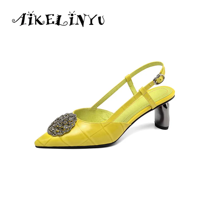 

AIKELINYU 2019 Summer Yellow Low-heel Fashion Office Lady Shoes High Heels Sandals Women Cusp End Metal Decoration Lady Pumps