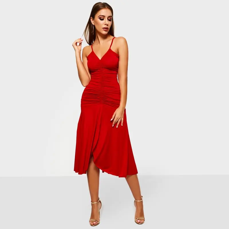 Для женщин макси платья Повседневное пикантные вечерние красный Лидер продаж плюс размеры Спагетти ремень Простой Асимметричный плиссир