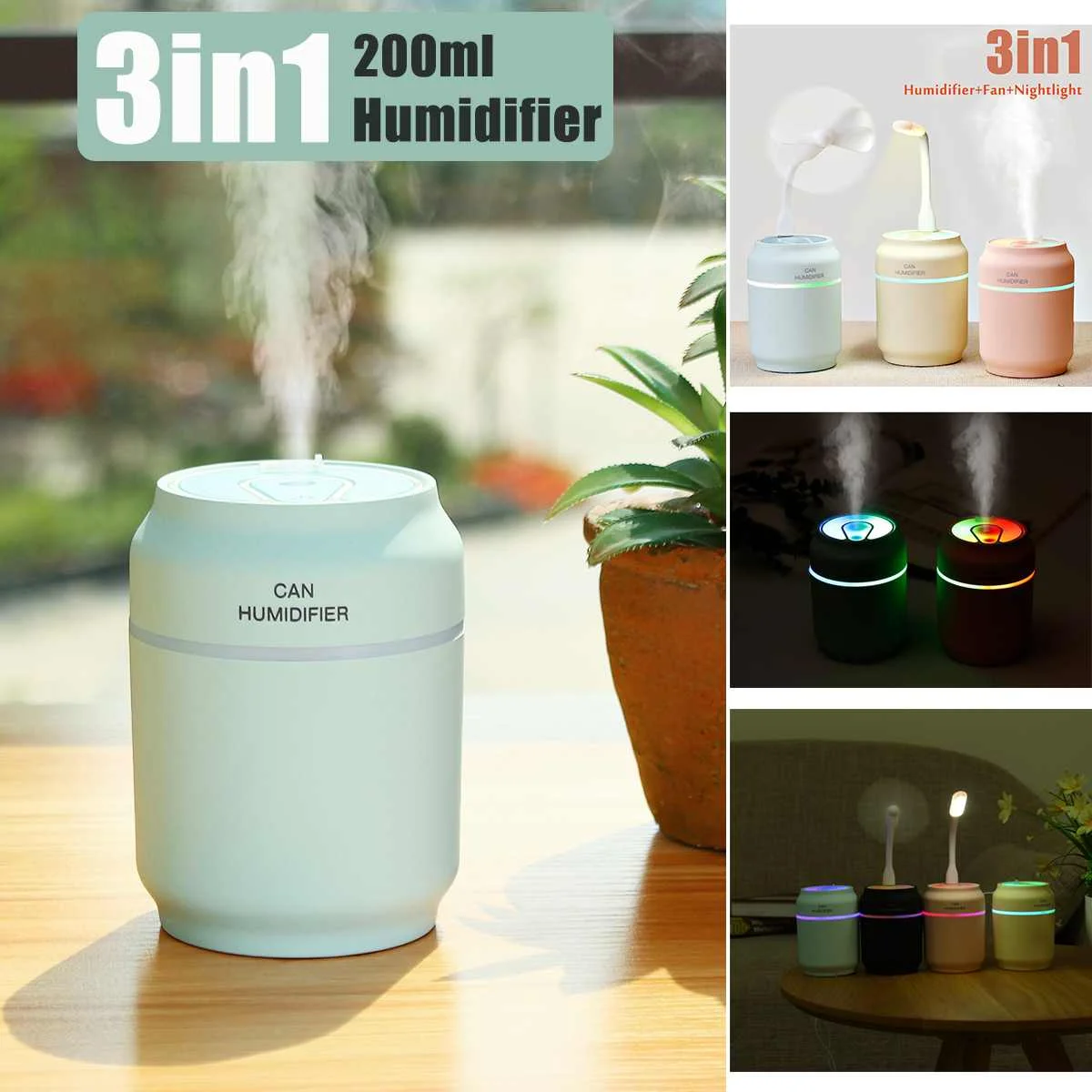 

3 in 1 200ml USB Mini Air Mist Humidifier Fan Night Light LED Aromas Essential Oil Diffuser Air Purifier for Home Office Room