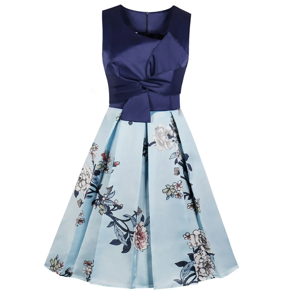 

Joineles Rockabilly Party Women Dress Round Neck Sleeveless High Waist Floral Retro Dress 60s Robe Vintage Vestidos De Festa Bow