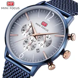 Мини-фокус уникальные модные часы Мужские кварцевые аналоговые часы синий сетчатый ремешок 3 Sub-dial Multifunction Top Brand Luxury спортивные часы