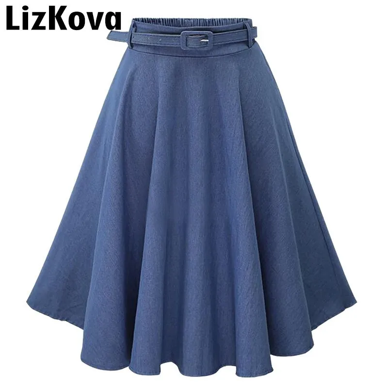 

High Waist Denim Skirts Women Cowboy A line Umbrella Skirts Korean Thin Bottom Belt Waist faldas mujer moda 2019