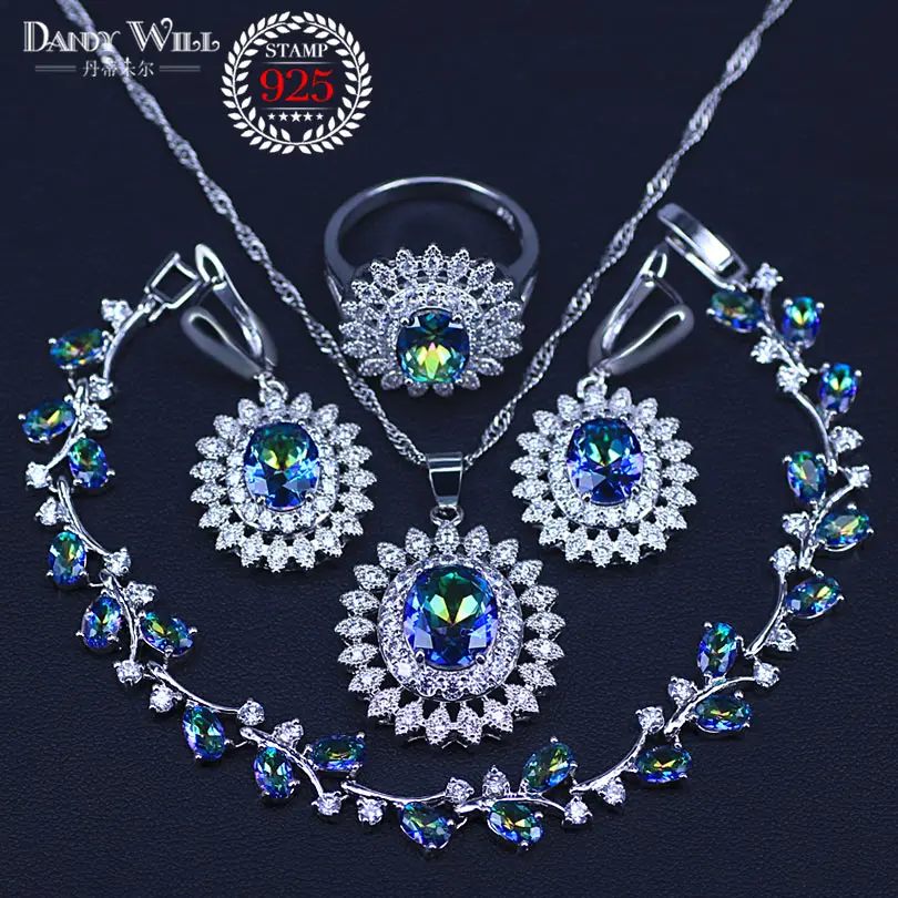 

Natural Mystic Rainbow Cubic Zirconia 925 Sterling Silver Jewelry Set For Women Wedding Earrings/Pendant/Necklace/Ring/Bracelet