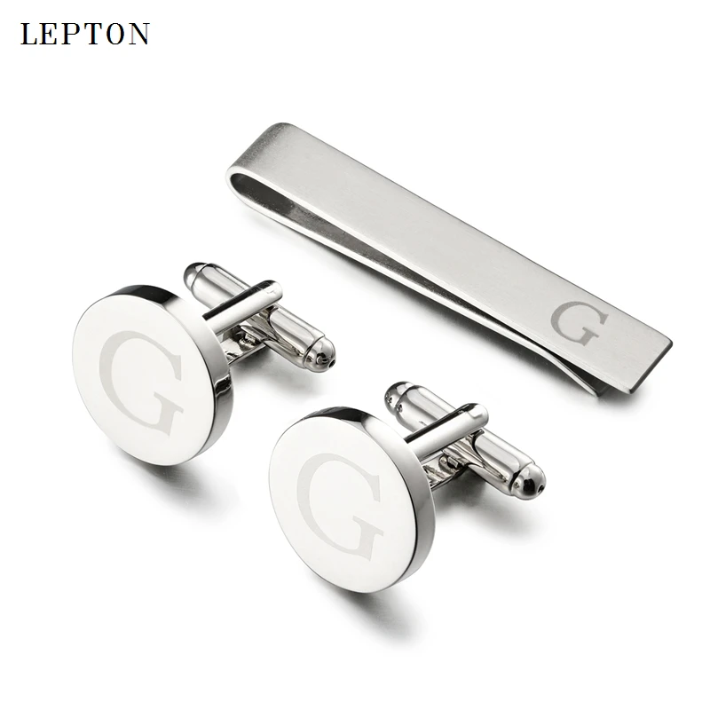 

Lepton Round Laser Letter Cufflinks And Tie Clips Set Letters G Cuff links For Mens French Shirt Cuffs Cufflink Relojes Gemelos