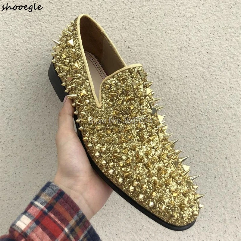 gold spiked loafers