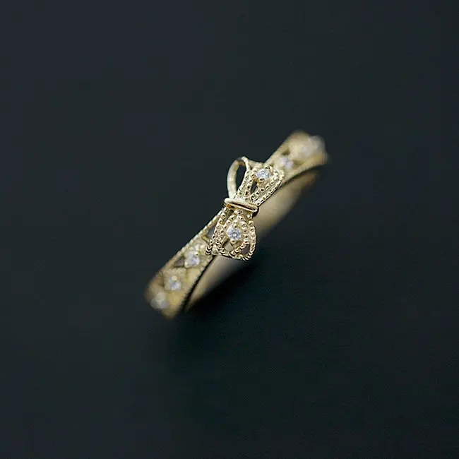 

New Cute bowknot 925 silver ring of Mosaic diamond cute Korean Edition style 18K gold elegant mini cute bow, tie ladies ring