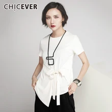 CHICEVER, летняя Новинка, женские футболки, топ, короткий рукав, талия, бандаж, о-образный вырез, черная, тонкая, неровная, женская футболка, модная
