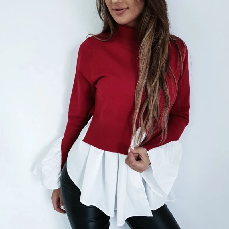 

Top Fashion 2019 Spring Long Flare Sleeve Blouse Autumn Women Casual Solid Turtleneck Ruffles Patchwork Split Party Blusas Shirt