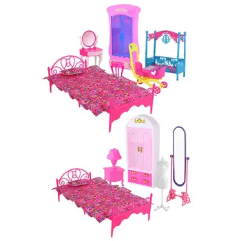 

2 Types Plastic Doll House Furniture Set Mini Bed Wardrobe Mirror Doll House Accessories Set Imitation Non-toxic Cute Toy