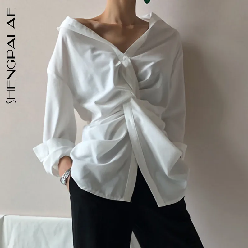 

SHENGPALAE 2019 New Summer Spring V Collar Solid White Blouse Long Sleeve Korean Fashion Personality Irregular Women Shirt FN092