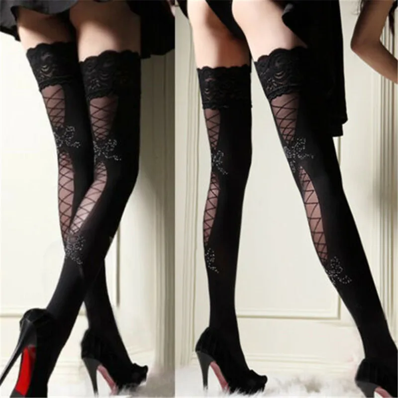 

Sexy Women's stockings Lace print Thigh High Knee Socks Lady Black slim Long Stockings thin Hosiery casual clubwear