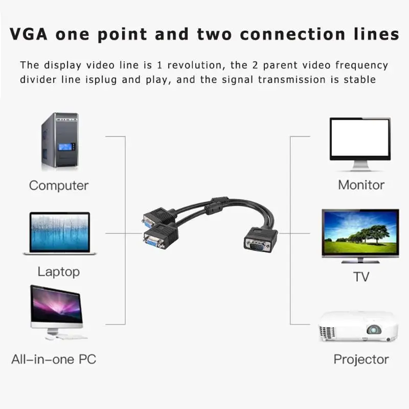 ALLOYSEED 1 мужской VGA до 2 Женский разветвитель для кабеля VGA 2 пути мониторы VGA и SVGA Двойной видео Графический ЖК TFT Y сплиттер кабель Свинец