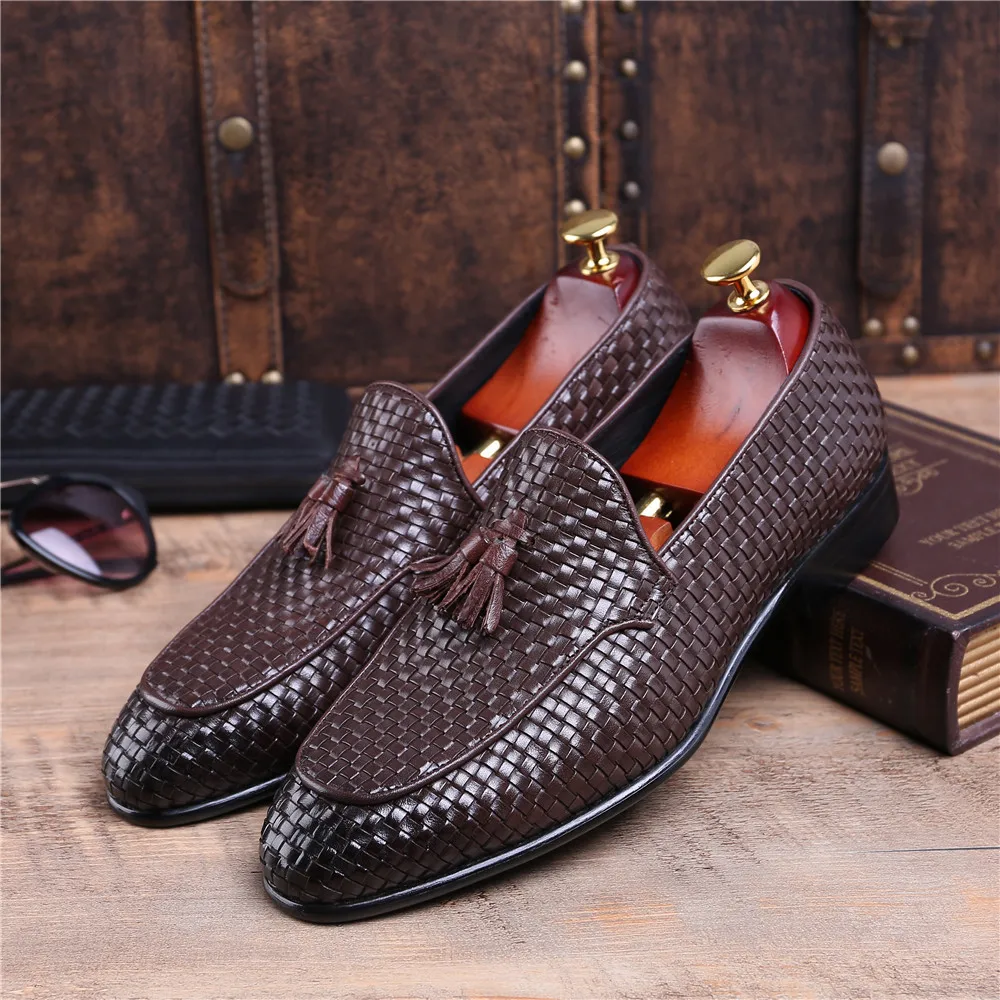 

Fashion Brown Tan / Black Woven Design Summer Loafers Mens Wedding Groom Shoes Genuine Leather Prom Shoes Boys Dress Shoes