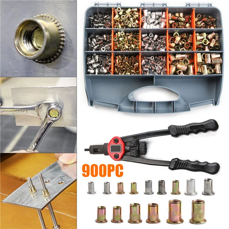 

900pcs/set Nutsert Tool Kit Rivnut Riveter Gun Rivet Nut Tool Mandrels Kit M3 M4 M5 M6 M8 M10 Hand Manual Repair Tools