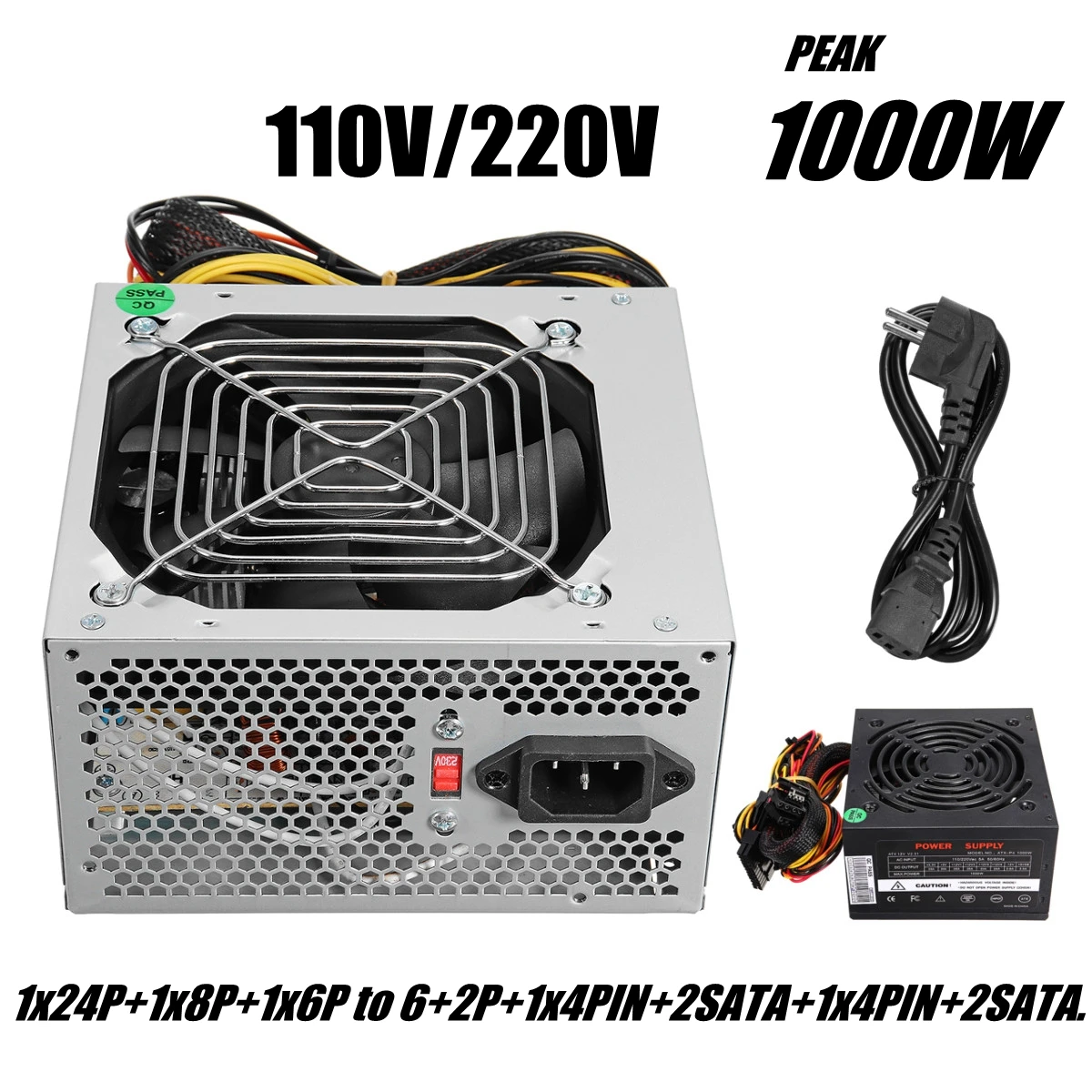 Max 1000W ATX источник питания тихий вентилятор для Intel AMD PC PSU PC компьютер шахтер