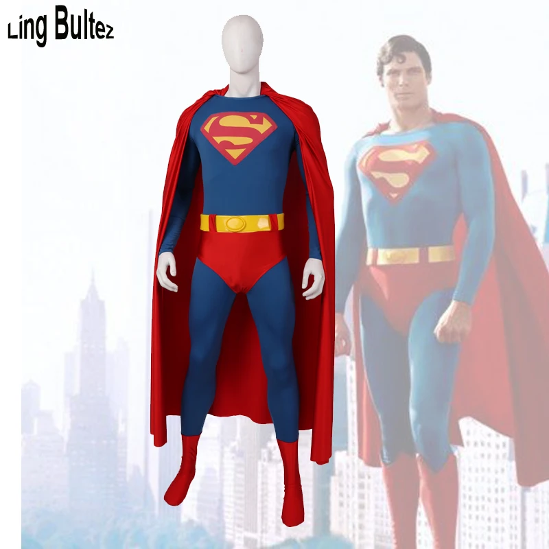 

Ling Bultez High Quality 3D Logo Superman Cosplay Costume With Belt 1978 Superman Outfit Old 1978 Superman Costume With Cape