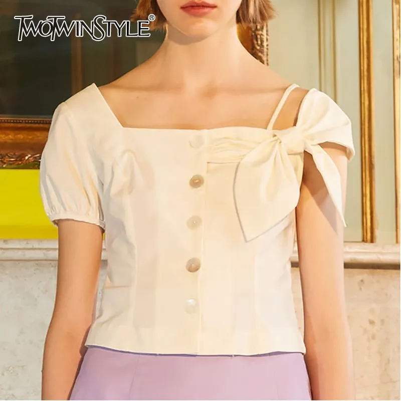 

TWOTWINSTYLE Casual Solid Women Blouse Square Collar Bowknot Short Sleeve Button Slim Shirt Female Fashion 2019 Summer New