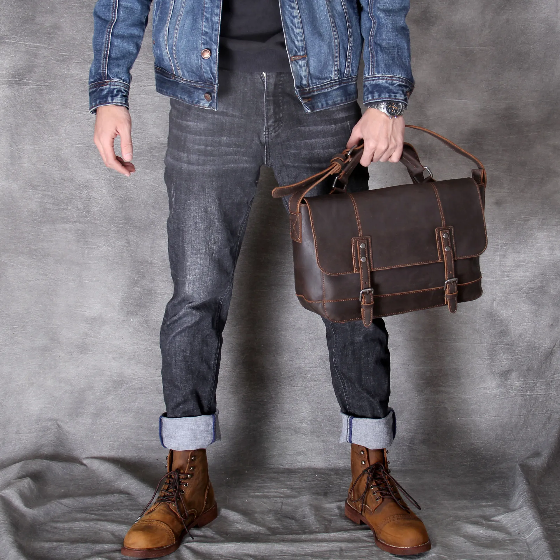 

Handmade genuine leather briefcase men shoulder bag for laptop male messenger bag vintage business totes cowhide men's bags