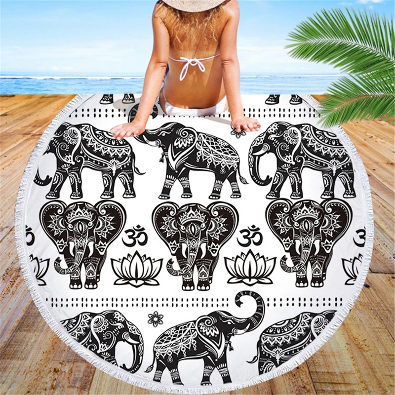 

Elephant Printed Microfiber Bohemia Round Beach Towel For Adults Quick Dry Large Bath Towels Swimwear Tassel Beach Cover Blanket