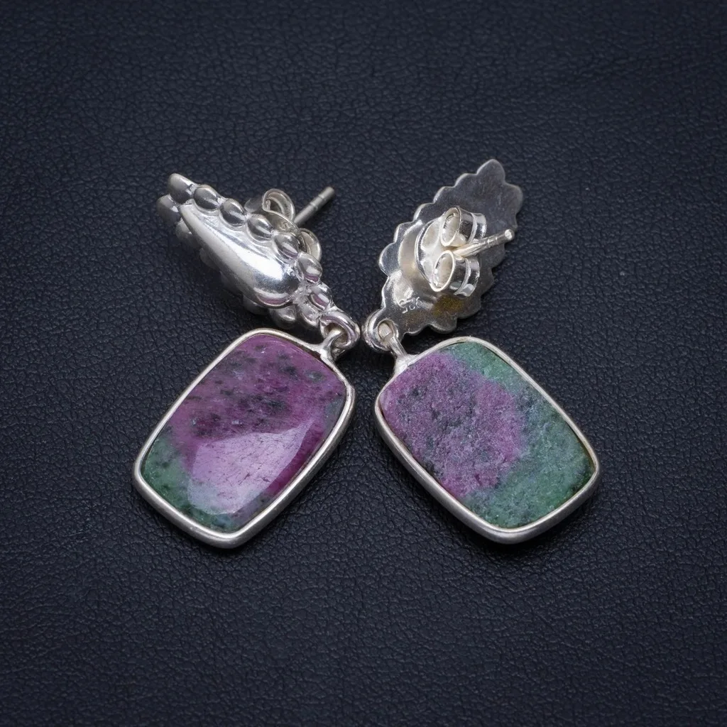 

Natural Ruby Zoisite Handmade Unique 925 Sterling Silver Earrings 1.5" A2778