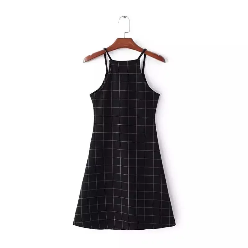 

Spaghetti Strap Grid Dress Strapless Summer Sleeveless Plaid Party Sexy Short Dress Women Black Dress
