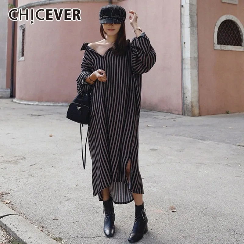 

CHICEVER Spring Casual Striped Hit Color Women Shirt Lapel Long Sleeve Split Hem Ankle-length Female Blouse 2019 Fashion New
