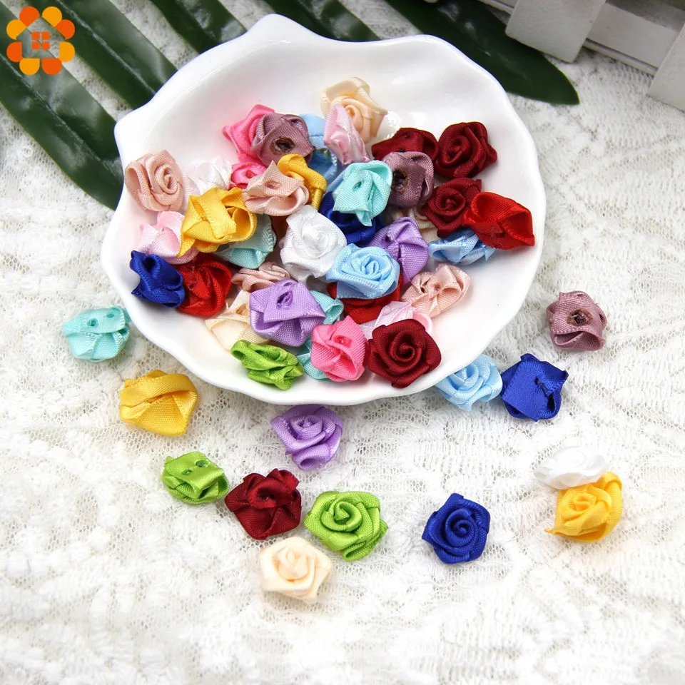 

100PCS/Lot Mini Handmade Satin Rose Ribbon Rosettes Fabric Flower Bow Appliques For Wedding Decoration Craft Sewing Accessories