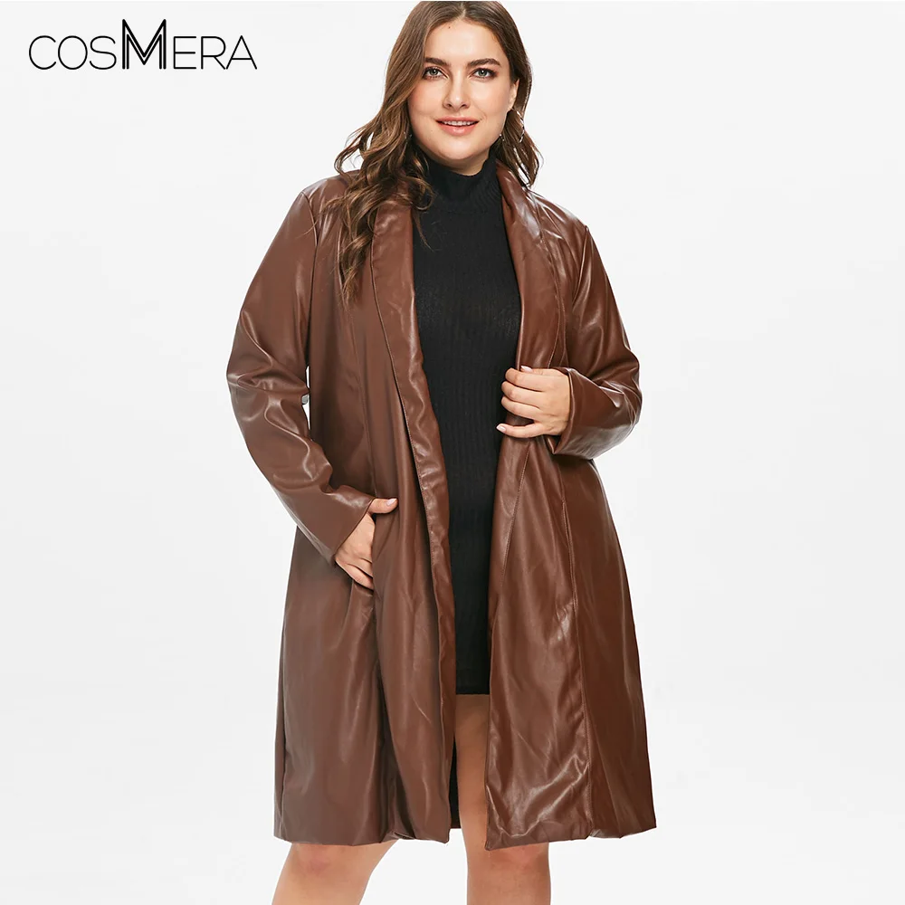 CosMera Long Coat Faux Leather Knee Length Trench Coat Winter Women PU
