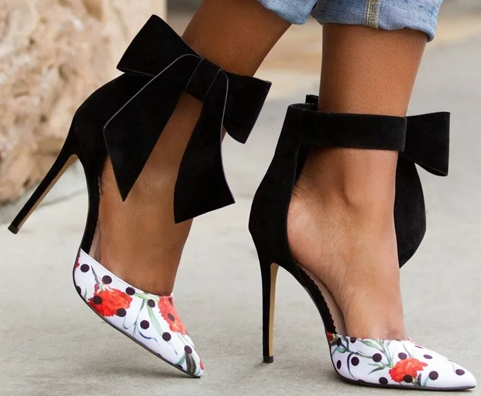 

Abesire Woman Sweety Big Bowtie Embellished High Heels Dress Runway Shoes For Ladies Pointed Toe Pumps Girls Dot Print Shoes