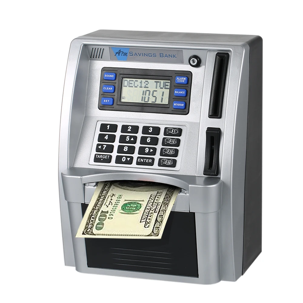 

Simulation Mini ATM Safe Password Box Electronic Money Bank US Cash Bill Coin Can Saving Banks for Kids Children Calendar Clock