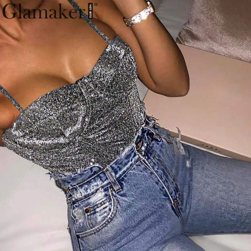 Женский облегающий боди Glamaker цельный комбинезон без рукавов с люрексом для