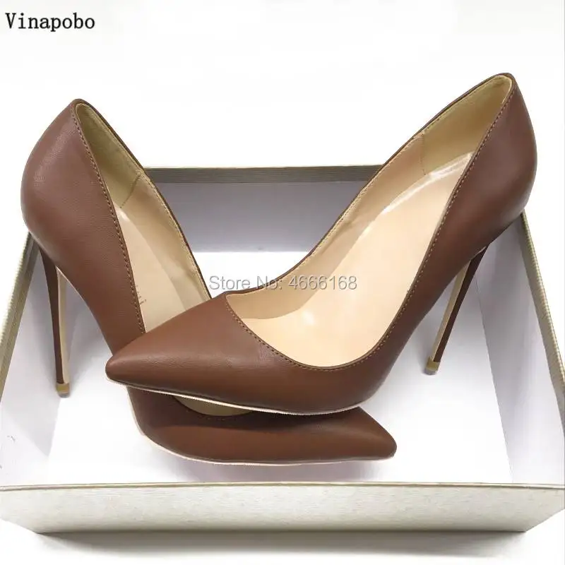 

Vinapobo Top Brand Nude Brown Matte Leather High Heel Shoes Celebrity Popular Shallow Pumps 12cm Stiletto Heels Wedding Shoes