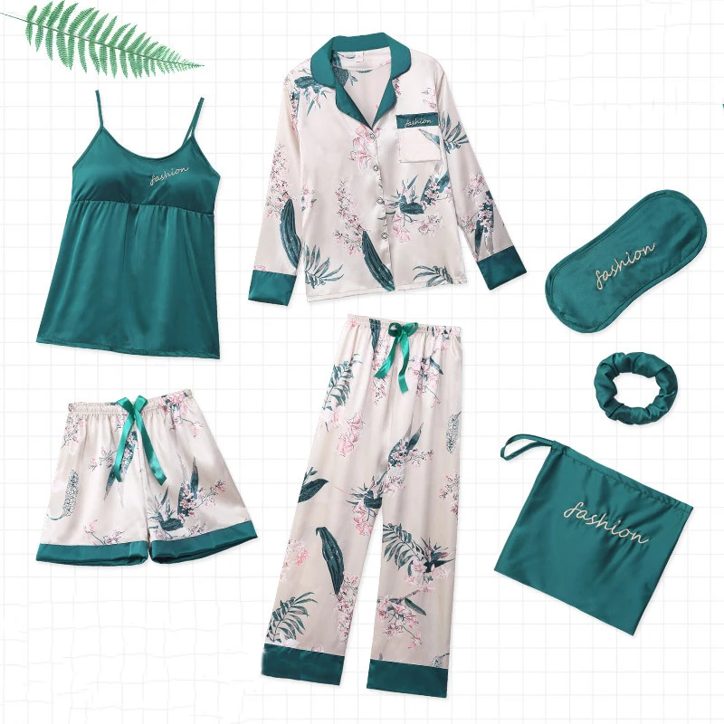 

7pcs/set Pajamas Sets For Women Emulation Silk Pajamas Women Print Sleepwear Sets Spring Summer Autumn Fashion Lady Homewear #F
