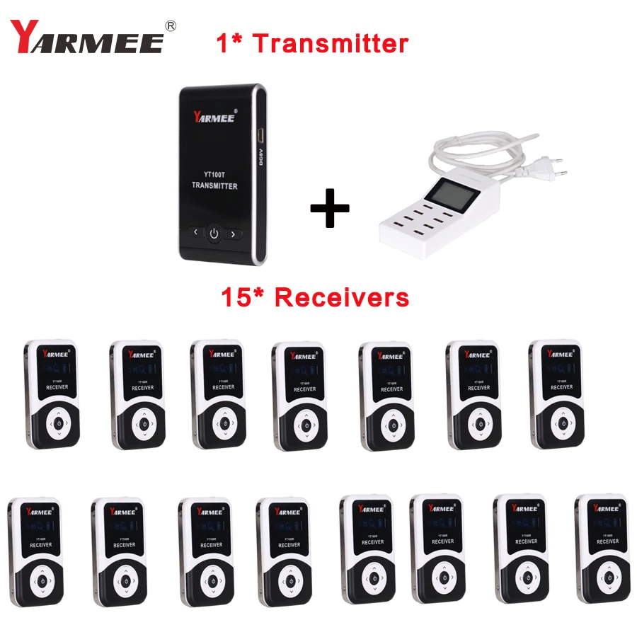 

Free Charger YT100 Wireless Tour Guide System 1Transmitter+15 Receivers For Meeting Visiting Teaching 195-230MHz Portable