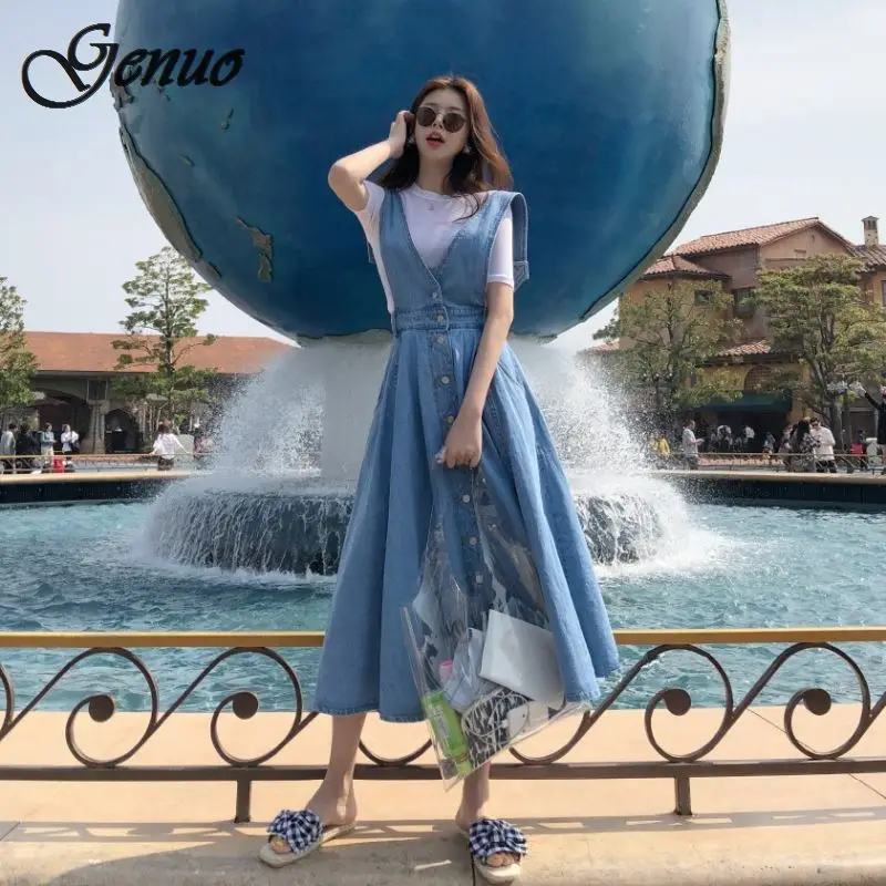 Women Denim Dress 2018 Fashion Single Breasted Spaghetti Strap Jean Dress Women Tunic Big Hem Backless Dress Vestidos