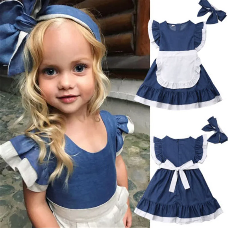 

Retro Girls Pastoral Style Kids Baby Girls Outfits Clothes Ruffle Sleeve Swing Denim Dress White Skirt Bow Headband 3Pcs 2-7Y