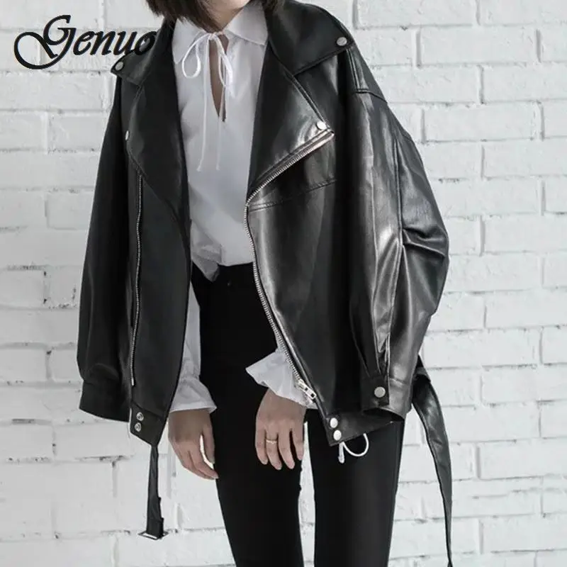 

High Quality 2019 Spring Black PU Leather Loose Turn-down Collar Zipper Fashion New Women's Wild Jacket LA938