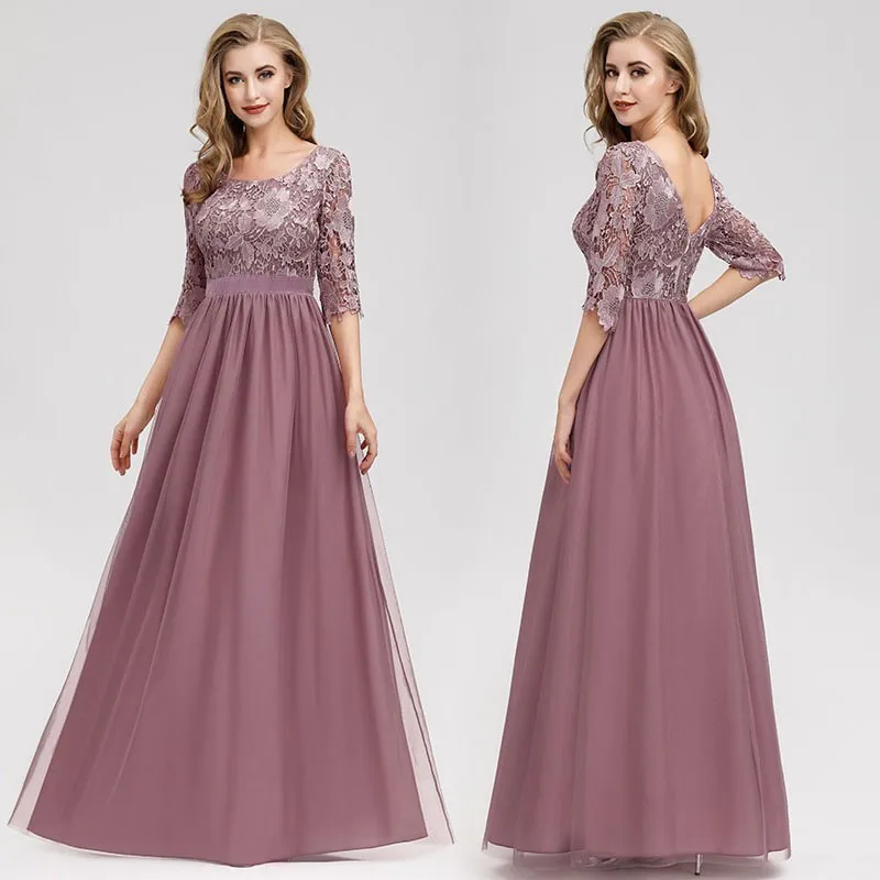 

Lace Dusty Pink Bridesmaid Dresses Ever Pretty Half Sleeve Elegant Women Chiffon Long Bridesmaid Dresses Wedding Party Dresses