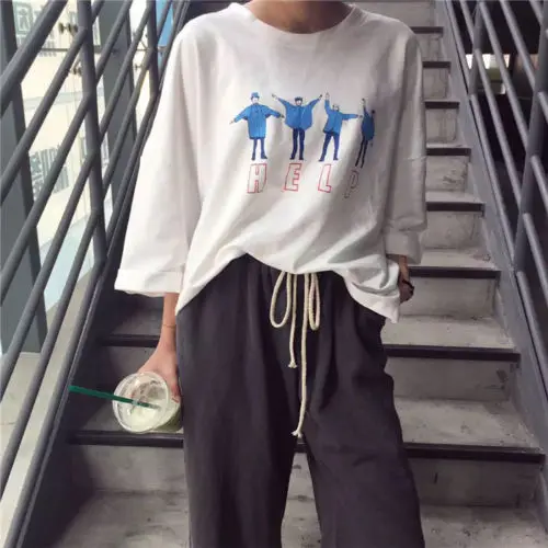 

Ulzzang Shirt Women Loose Shirt Half Sleeve Cotton Casual Oversized Tops Printed Wide Sleeve Harajuku O Neck Shirts