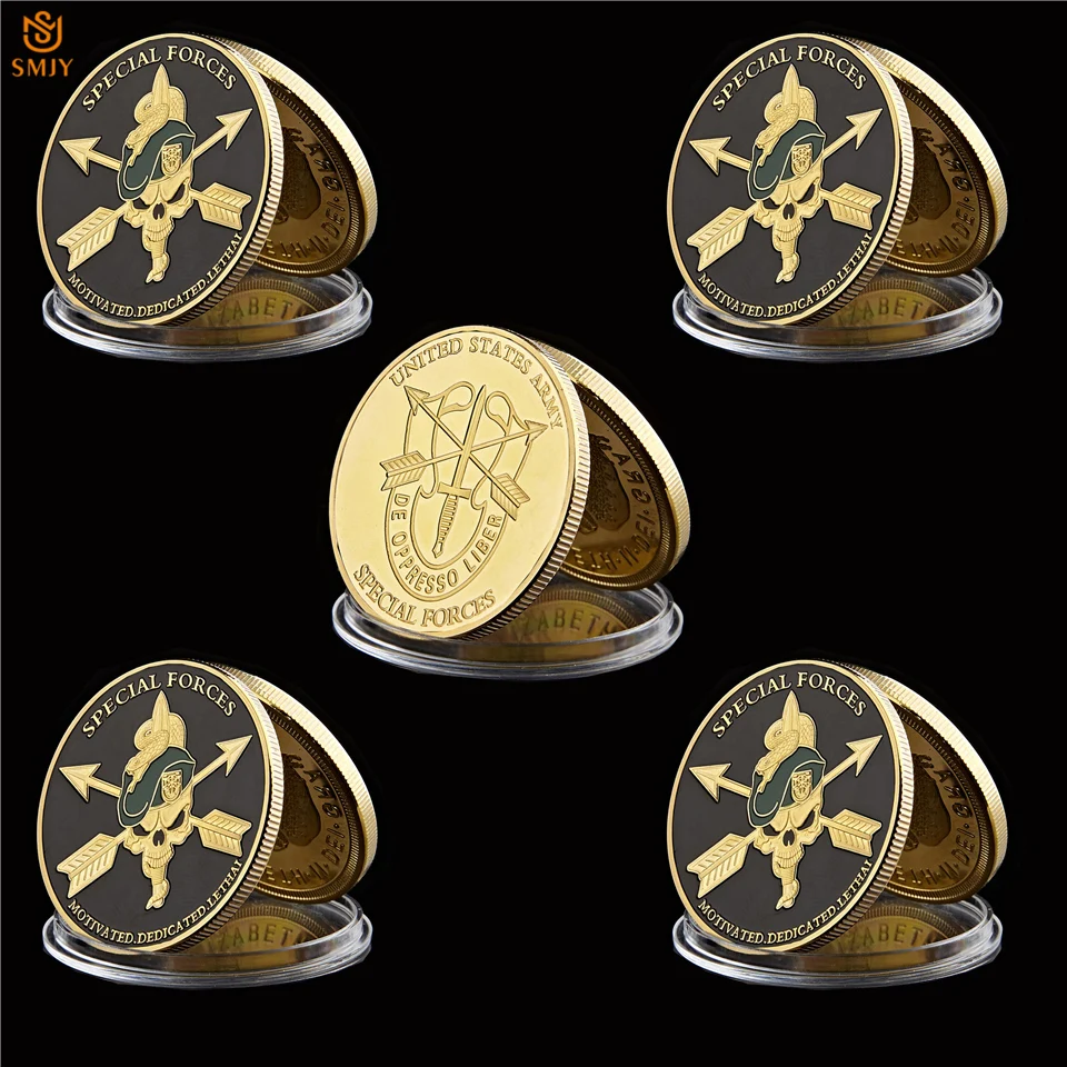 

5PCS US Special Forces Free Army Challenge Commemorative Coin USA Military Green Berets Token Gold Plated Coin Collection