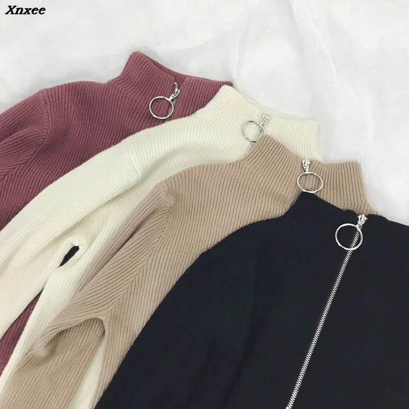 Zipper Turtleneck Solid Women Sweater Skinny Elastic Knitted Full Sleeve Pullover Female Soft Femme Christmas Jumper Quality Zipper Turtleneck Solid Women Sweater Skinny Elastic Knitted Full Sleeve Pullover Female Soft Femme Christmas Jumper Quality