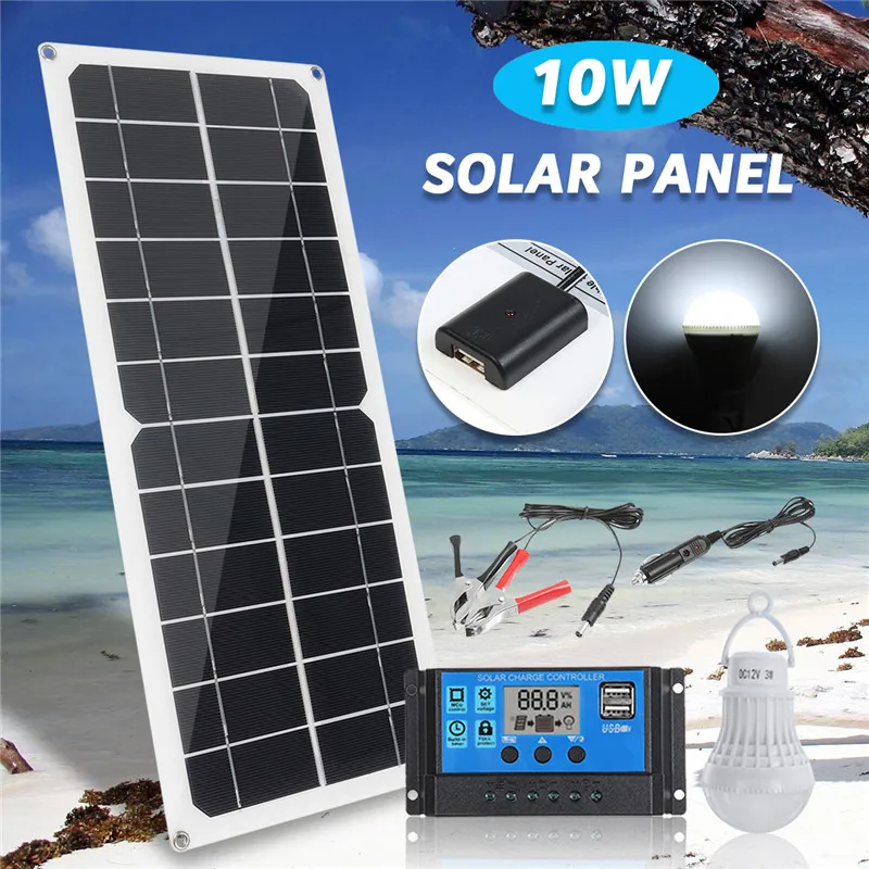 

5in1 10W 12V 5V USB Solar Panel Charger Monocrystalline Flexible Cell Generator Lighting System W/ 10A Controller 3W Light Bulb