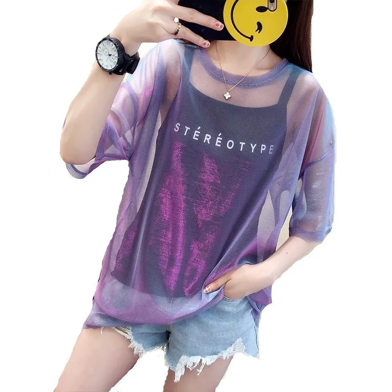 

2 Pcs/Set Sexy Mesh Sheer Perspective Tops Tee Women Summer See-Through T Shirt Short Sleeve Bright Silk Shiny Shirt + Camisole