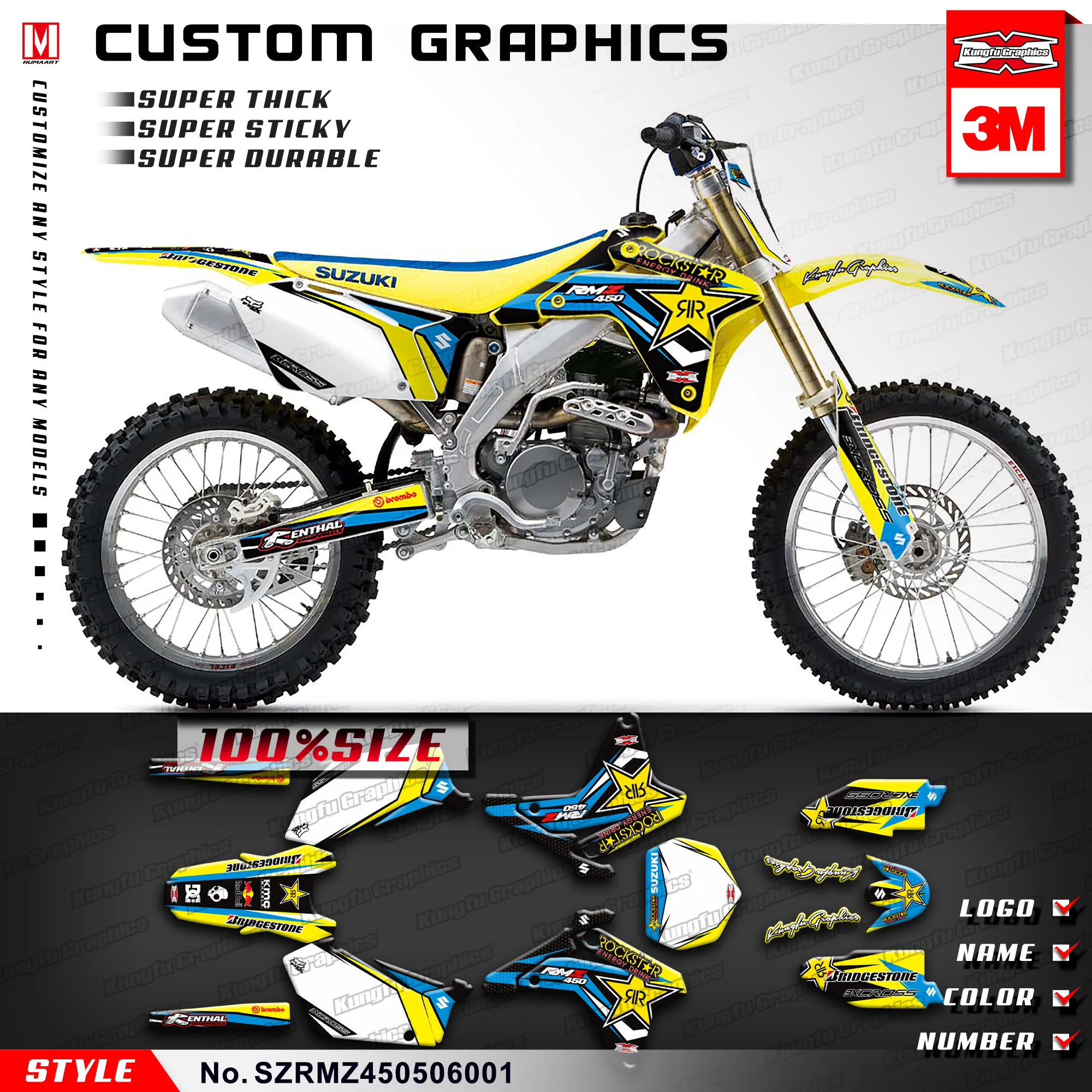 Виниловые наклейки для мотокросса KUNGFU Набор стикеров автомобилей Suzuki RMZ 450 RMZ450 2005