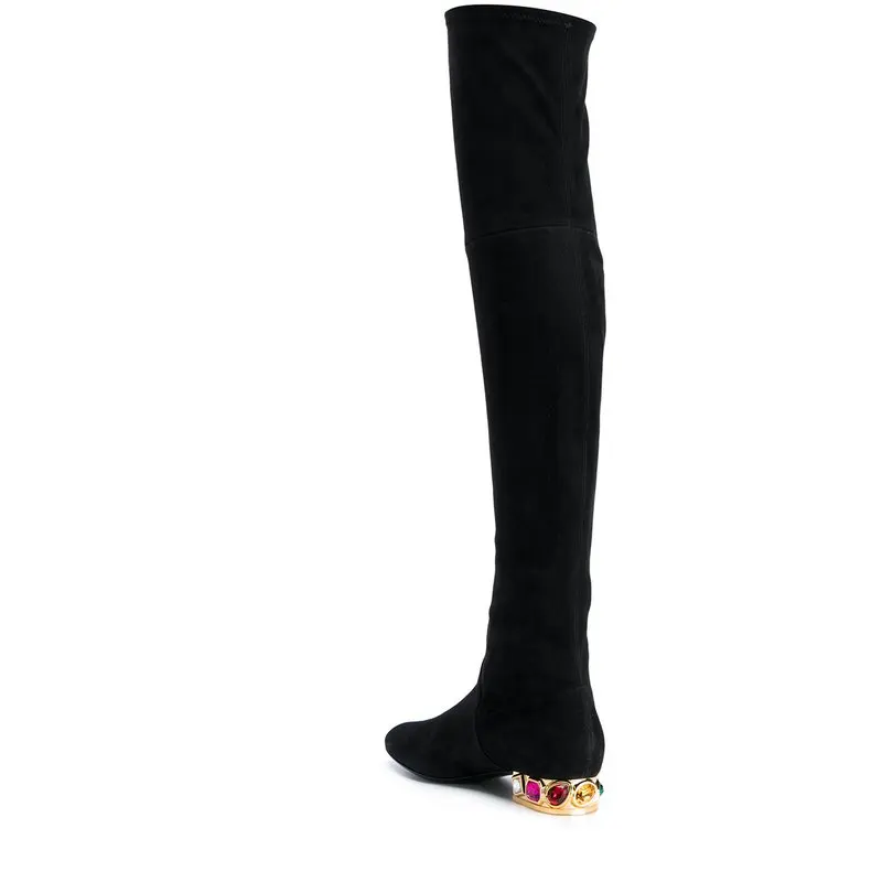 

New Spring Autumn Fashion Ladies Elastic Thigh High Boots Colorful Gems Heel Decor Flat With Boots Suede Black Woman Dress Shoes