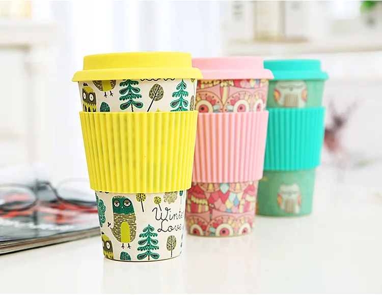 20 шт экологически чистые бамбуковые волокна кофе чашки с многоразовый силикон крышкой и рукавом напитки чашки туристический подарок Мода